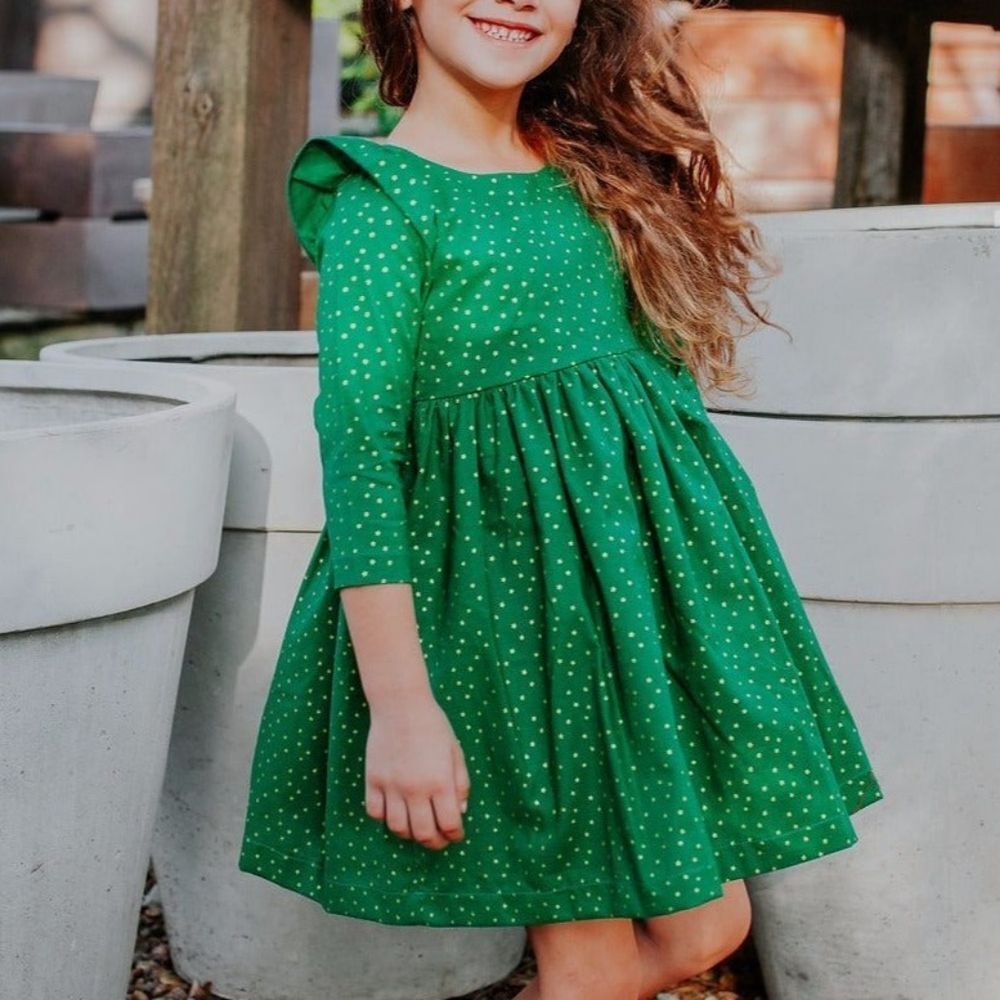 Cuteheads Little Girl's Kelly Green Cotton Flutter Sleeve Dress Gold Star 18-24M